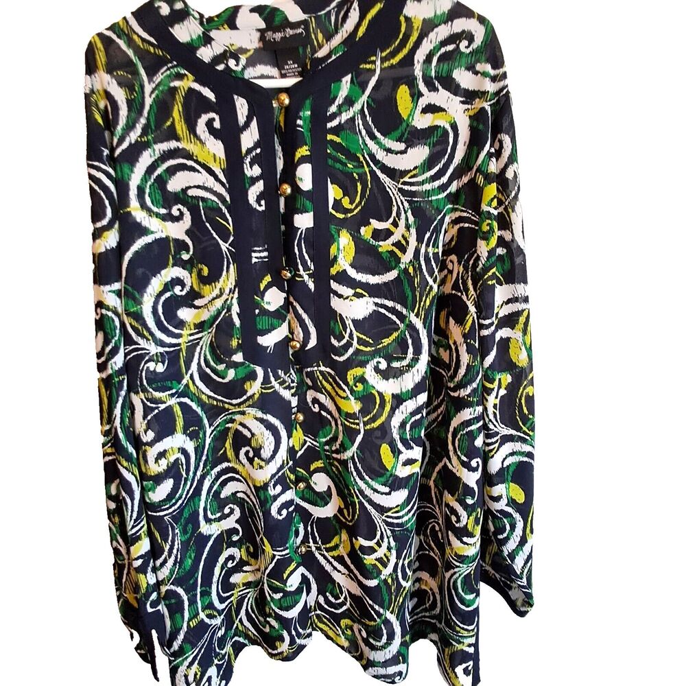 Maggie Barnes Blouse Womens 3X 26/28 Blue Sheer Tunic Top Paisley Long Sleeve